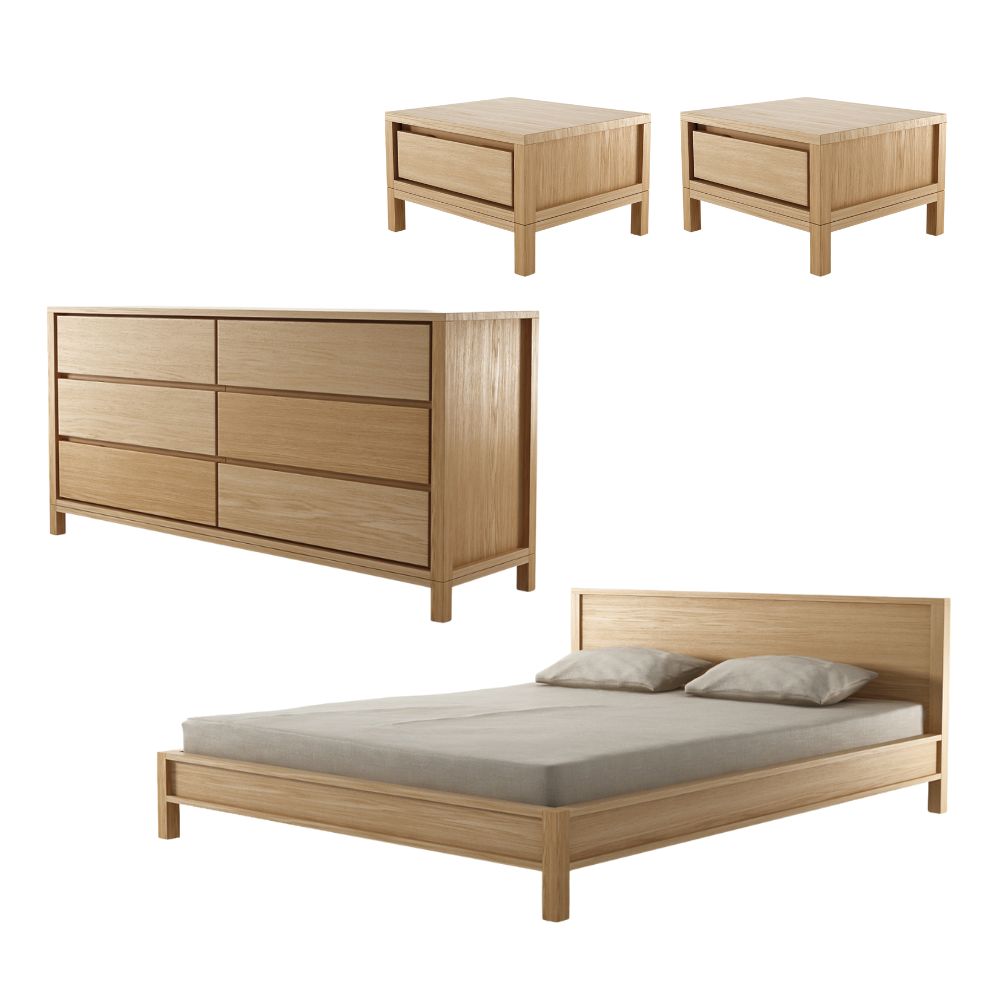 Solid Queen Bed with 2 Bedsides and Large Chest of Drawers - European Oak