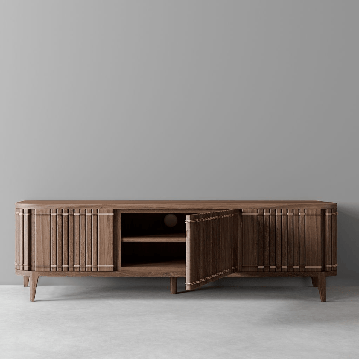 Wooden cabinet with open door.
