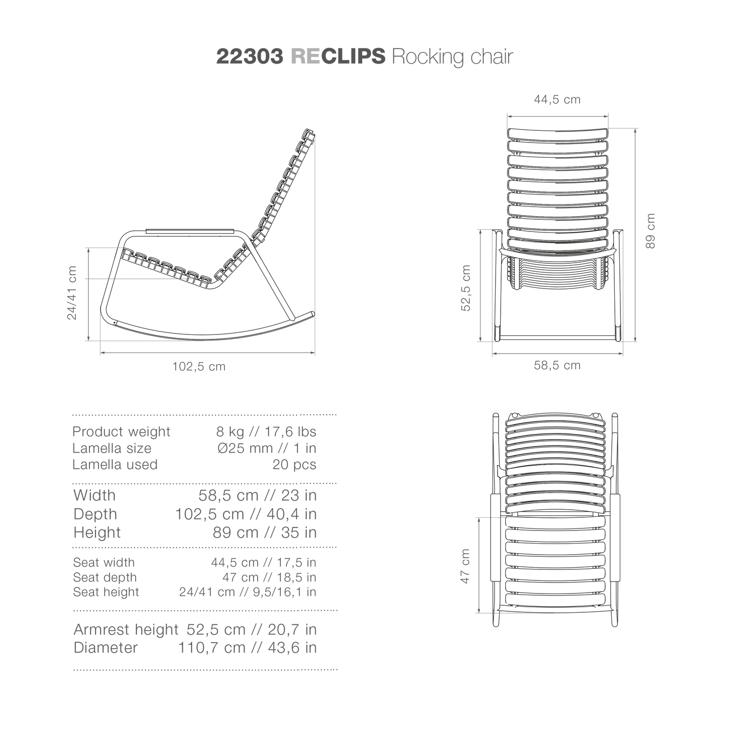 22303 RECLIPS Rocking Chair dimensions and specifications