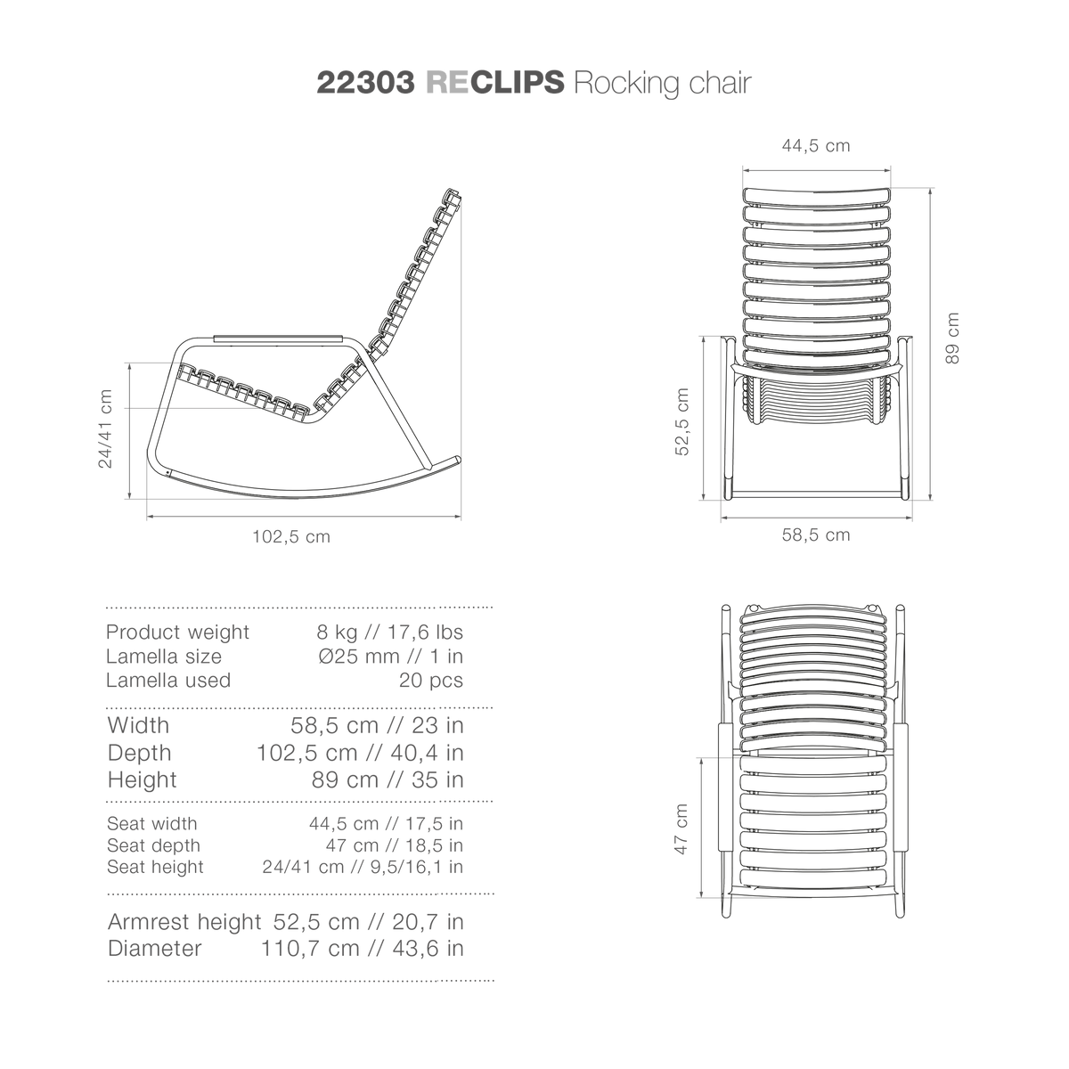 22303 RECLIPS Rocking Chair dimensions and specifications