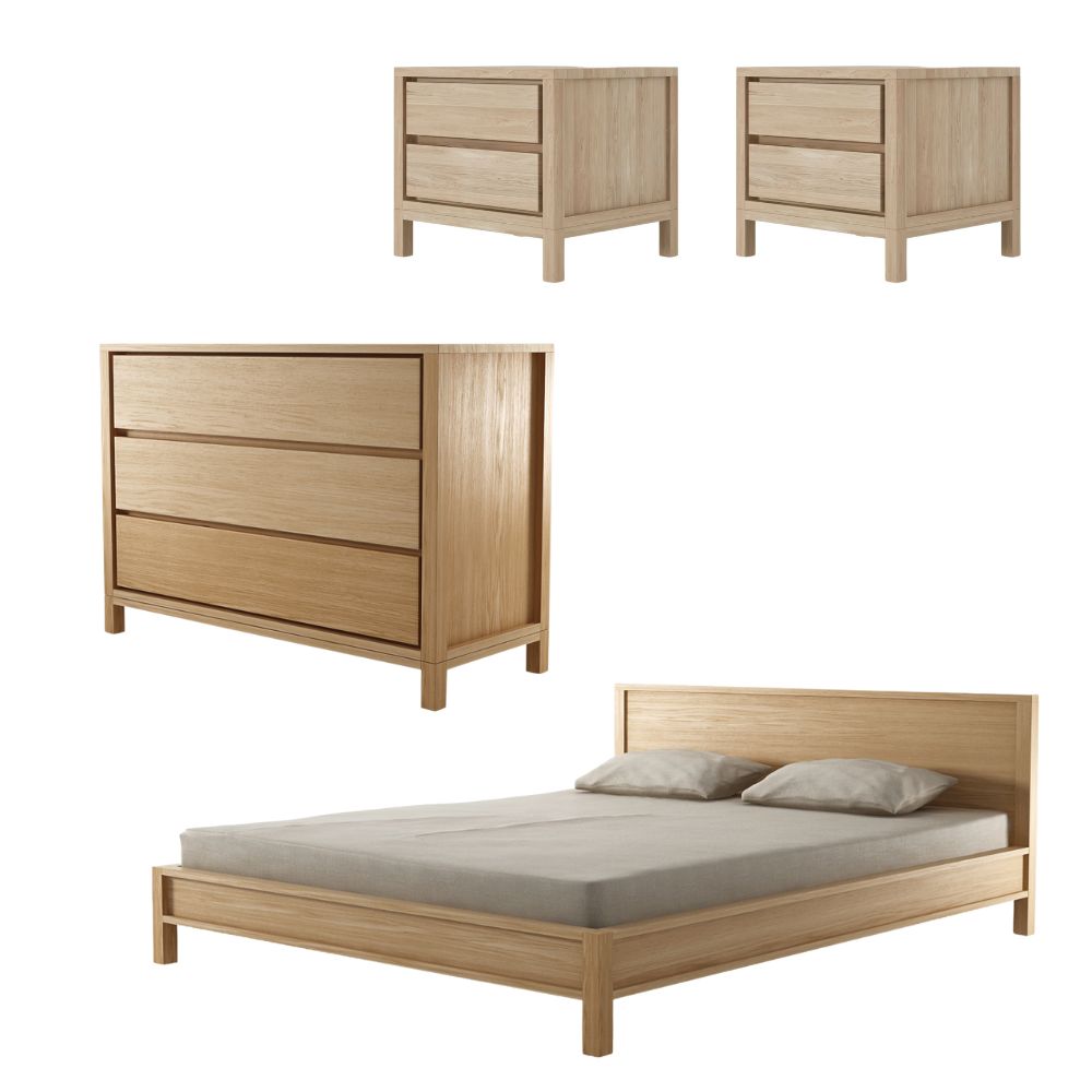 Solid Queen Bed with 2 Large Bedsides and Chest of Drawers - European Oak