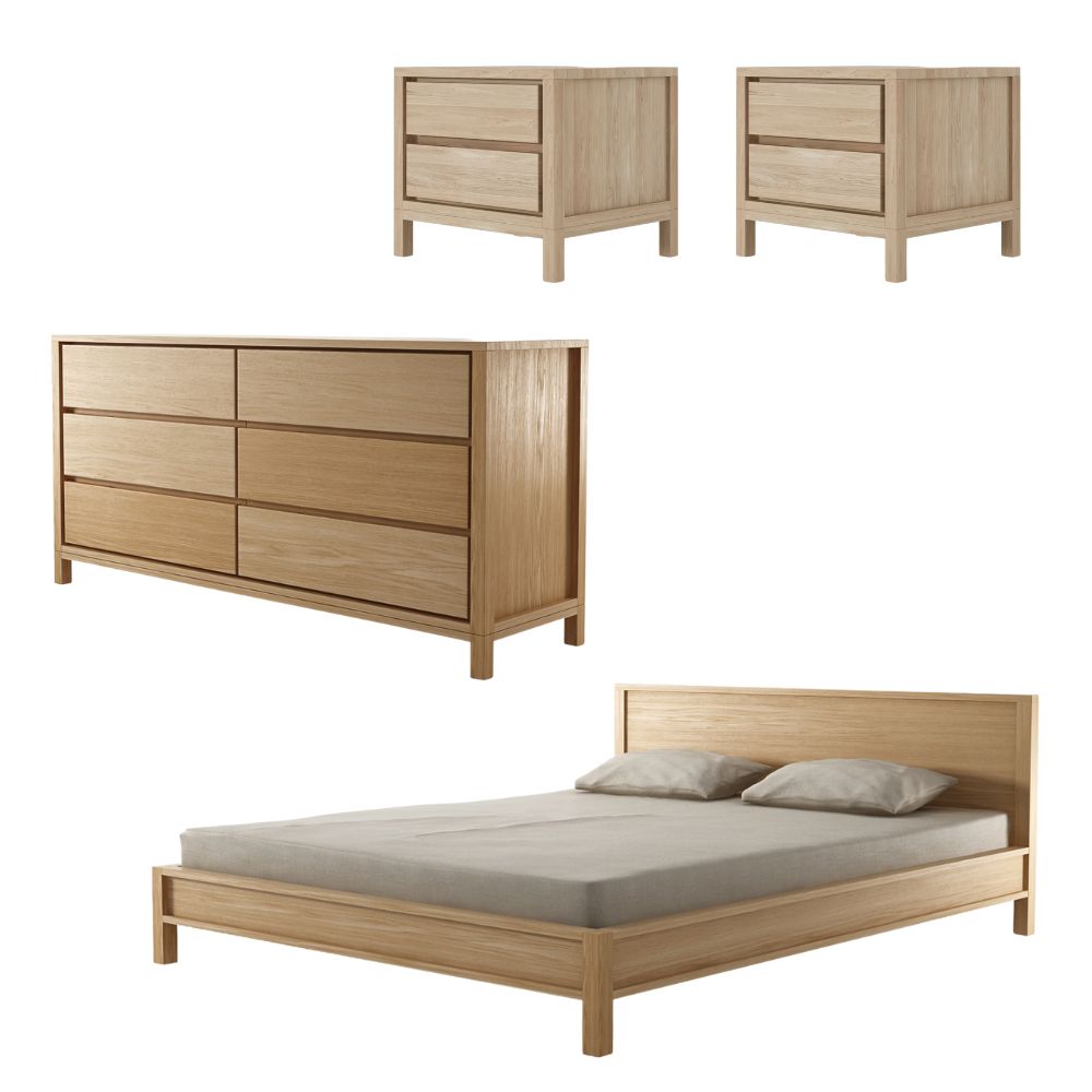 Solid Queen Bed with 2 Large Bedsides and Large Chest of Drawers - European Oak