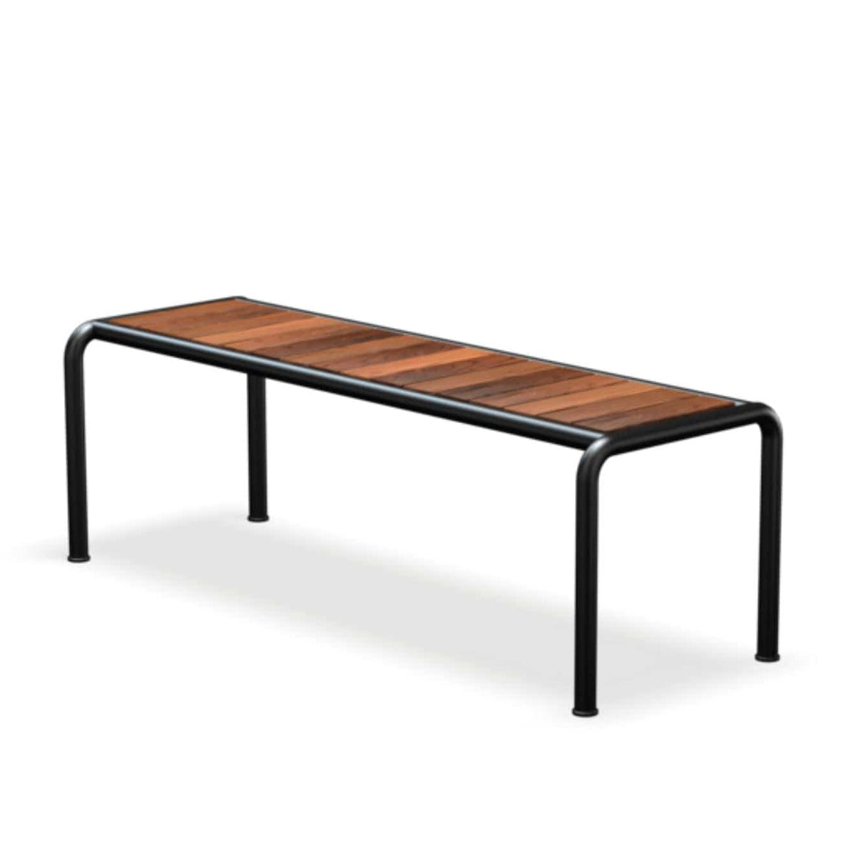 Bench with wooden seat and black metal frame.