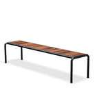 Wooden bench with black metal frame.