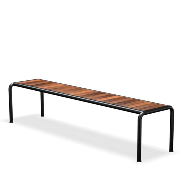 Wooden bench with black metal frame.