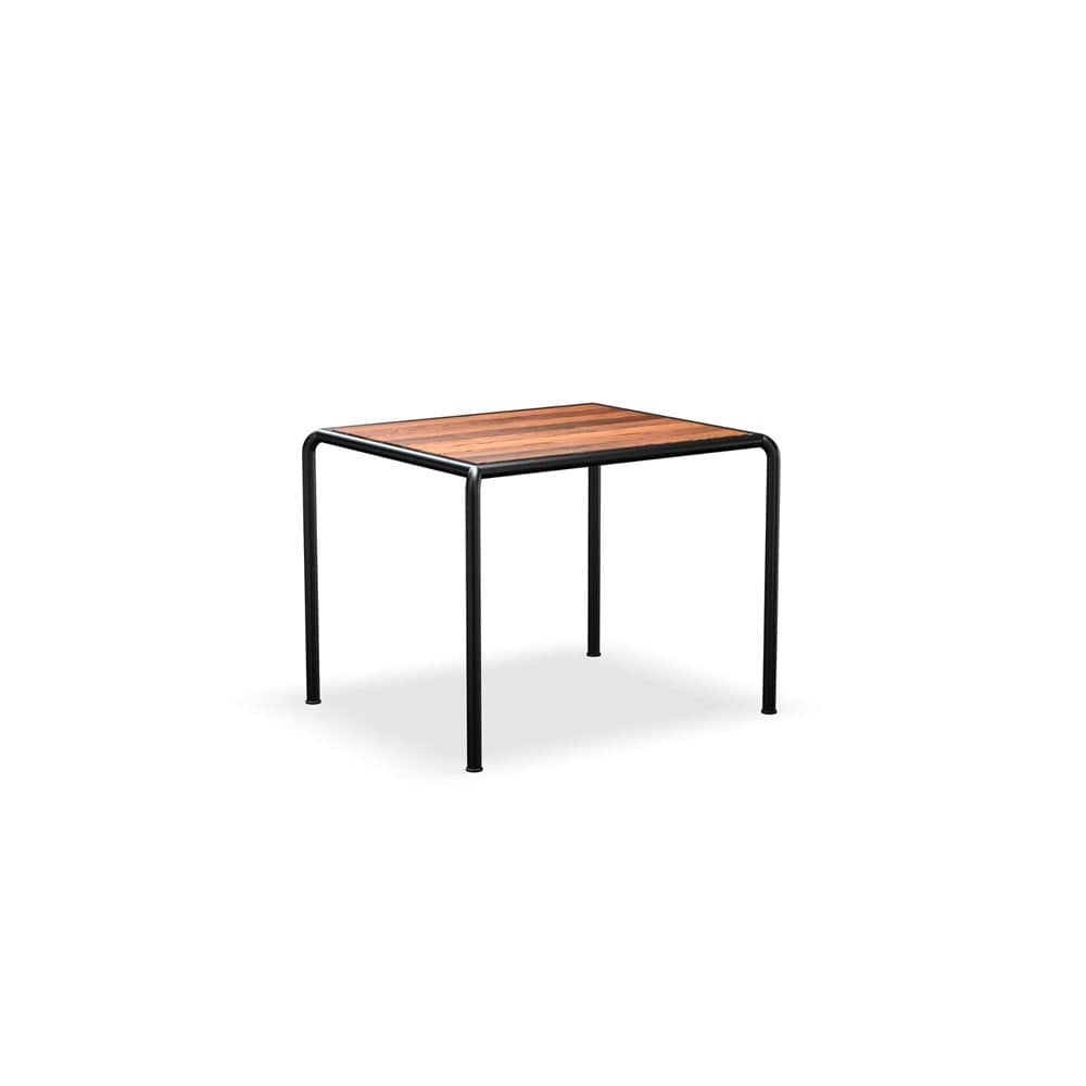 Square table with wood top and black metal legs.