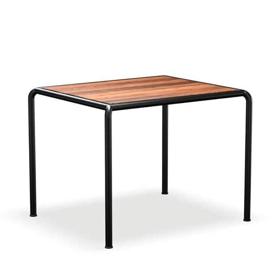 Square table with wood top and black metal legs.