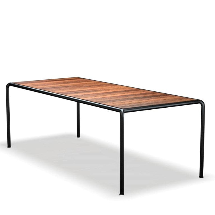 Rectangular table with wooden top and black legs.