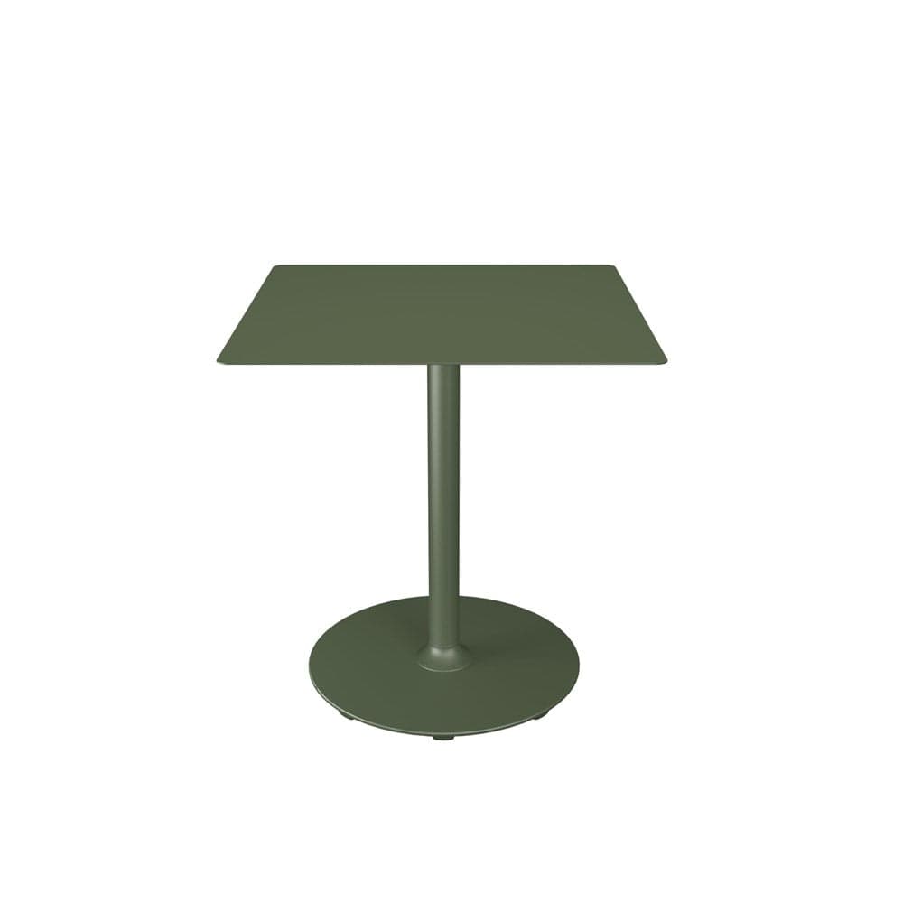 Green square table with round base.