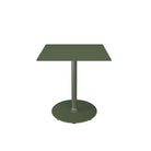Green square table with round base.