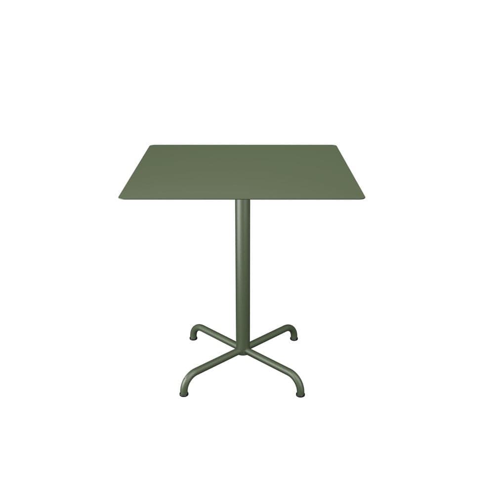 Green square table on a pedestal base.