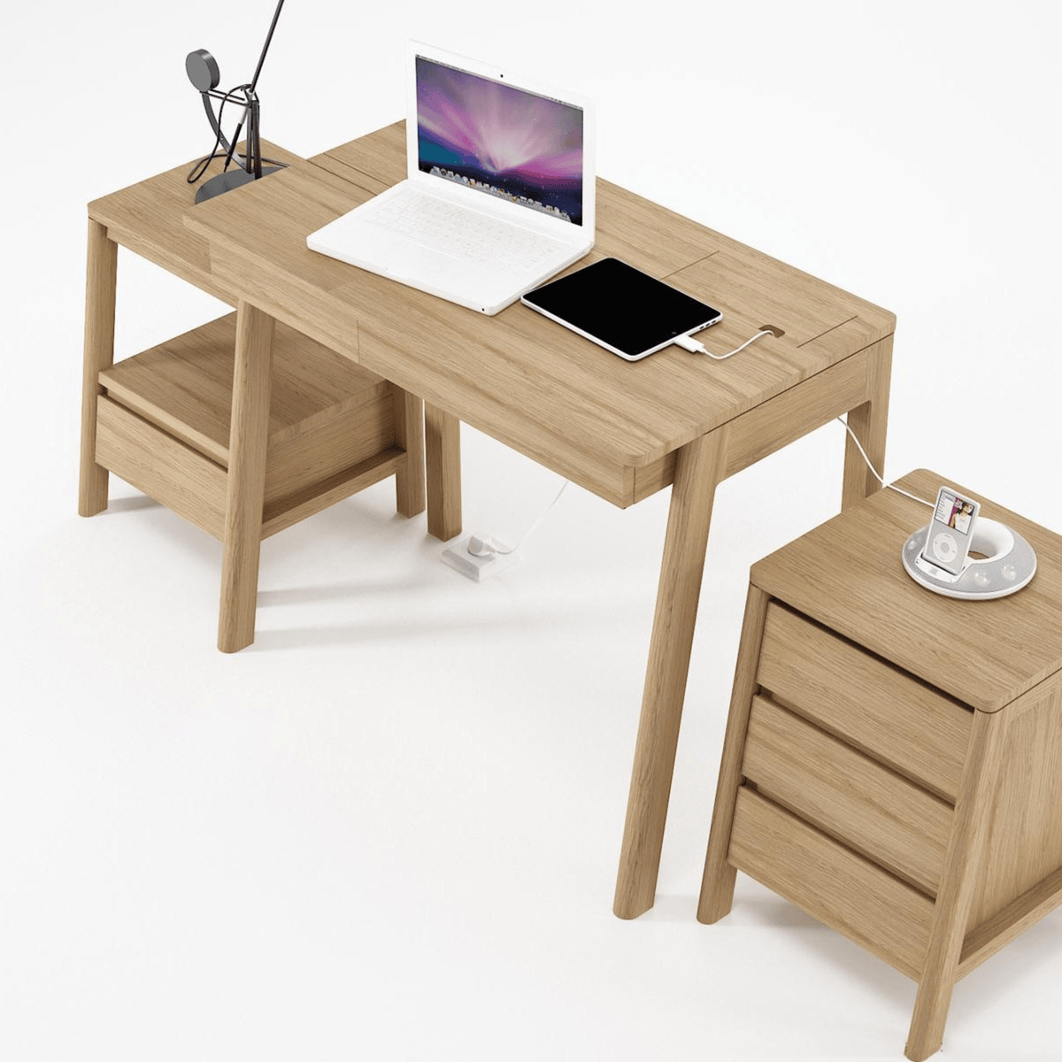 Wooden desk with laptop, tablet, and nightstand - 24_04ef84c1
