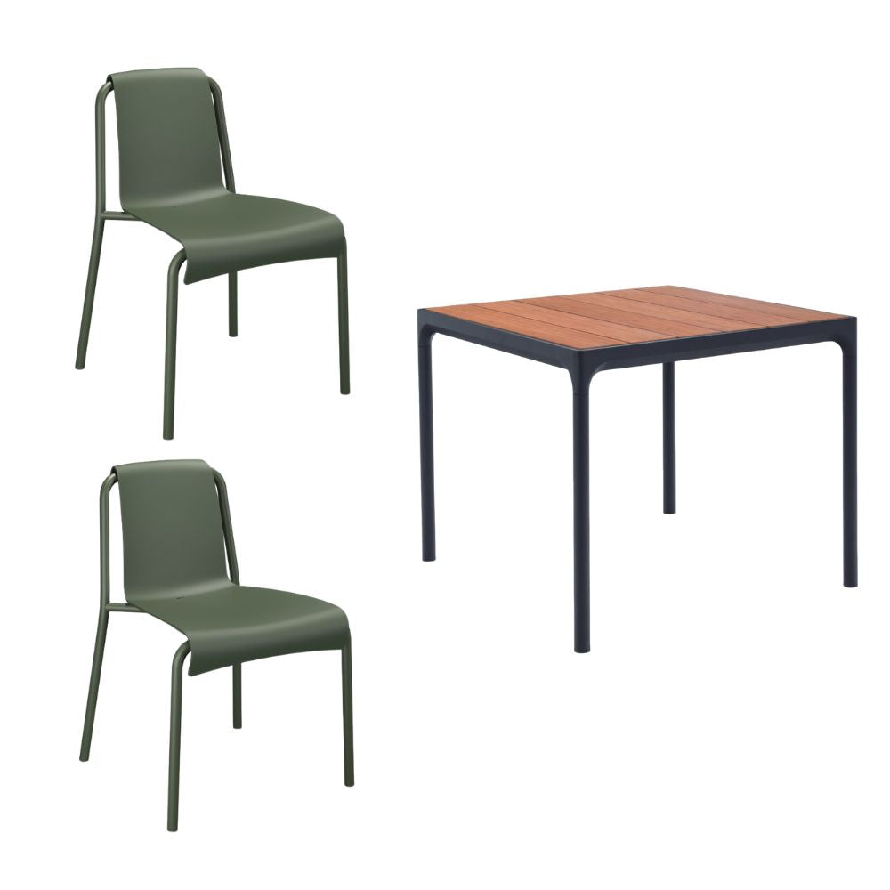 Four Square Table (90cm) with 2 Nami Chairs - Olive Green