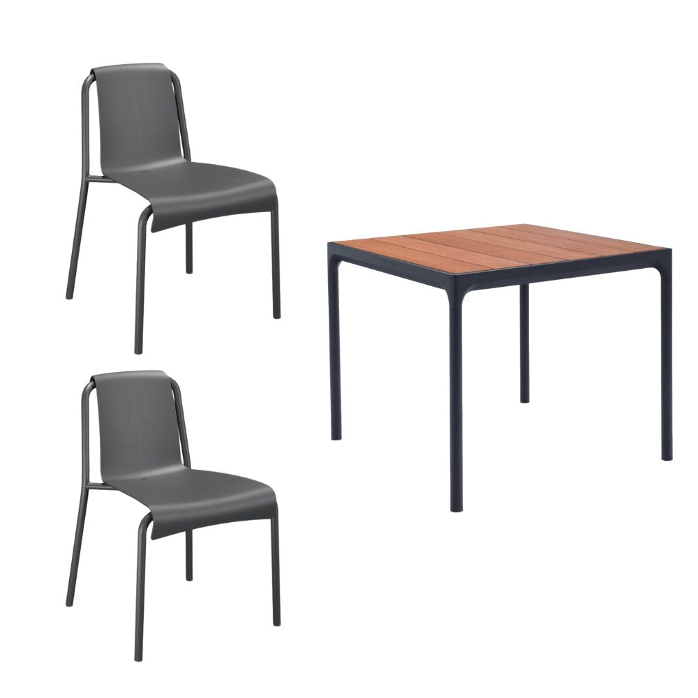 Four Square Table (90cm) with 2 Nami Chairs - Dark Grey