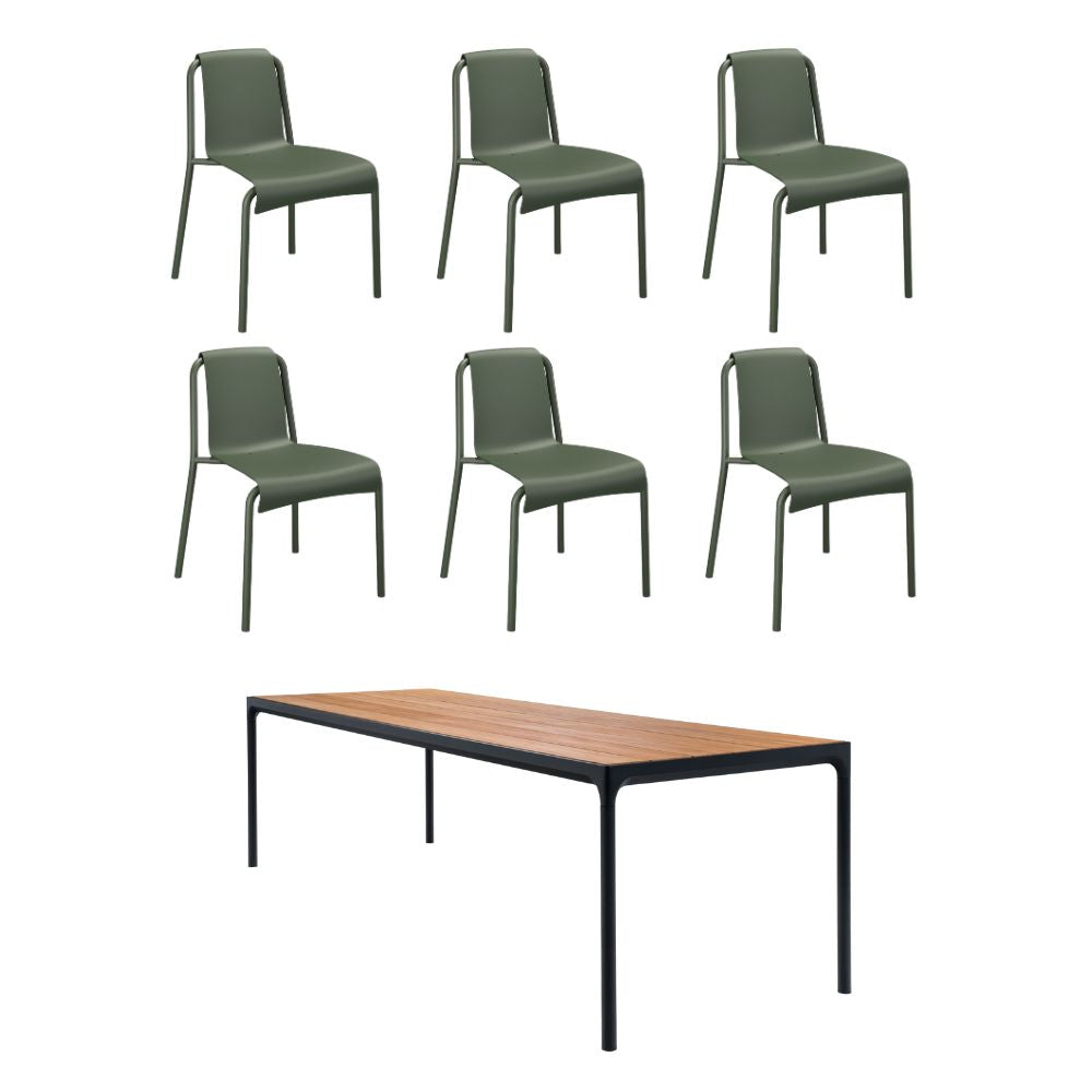 Four Bamboo Table (210cm) with 6 Nami Chairs - Olive Green