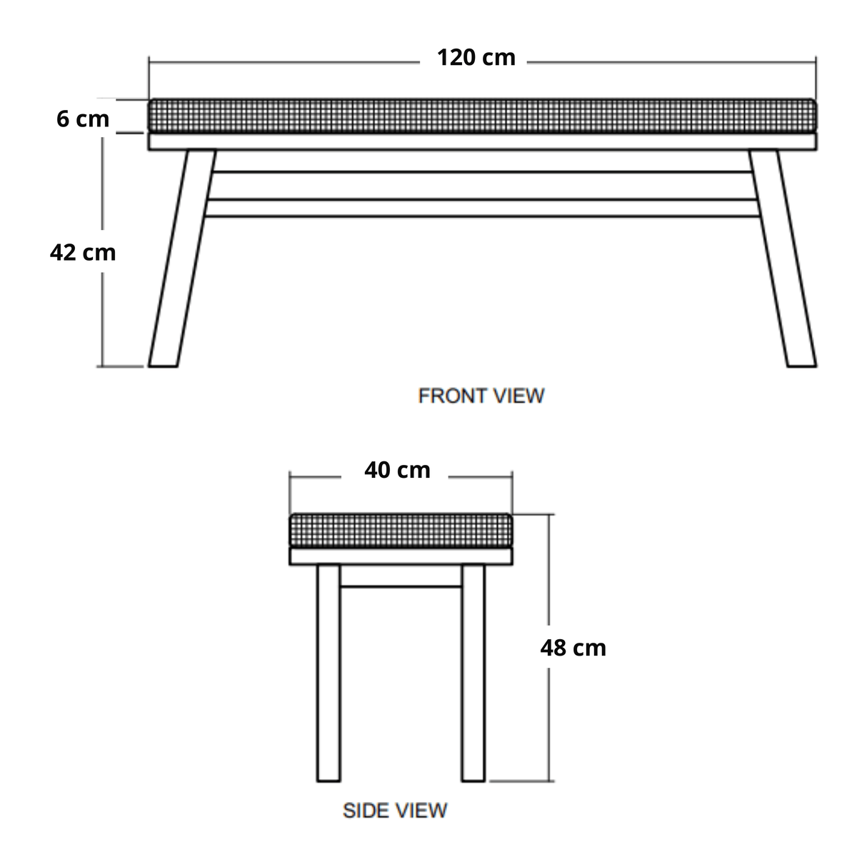 Diagram of a bench with dimensions.