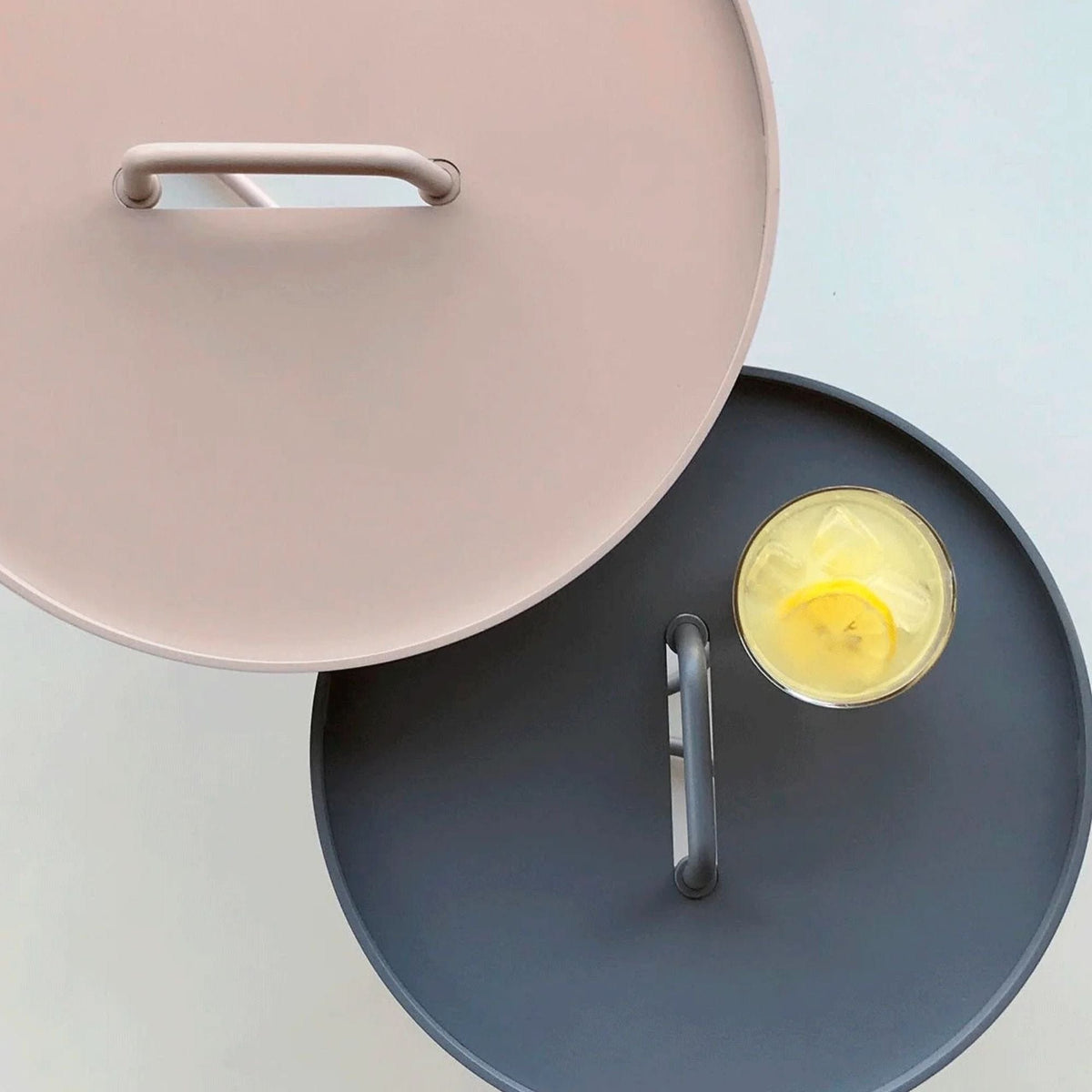 Pink & gray serving trays with drink