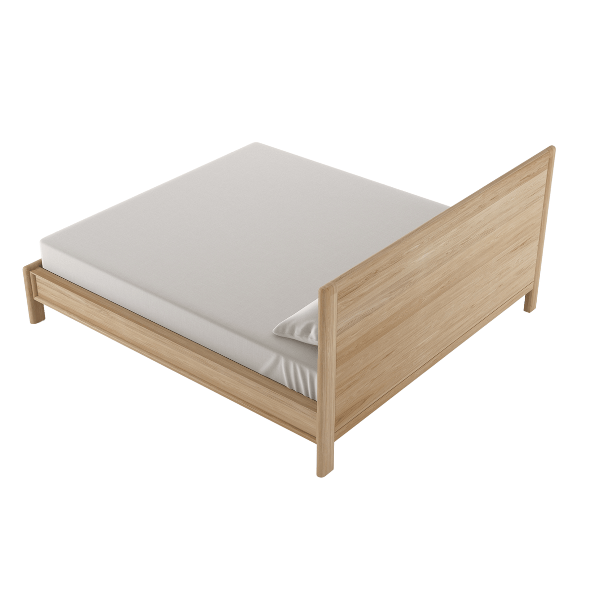 Modern wooden bed frame with white mattress.