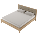 Wooden bed frame with headboard and pillows