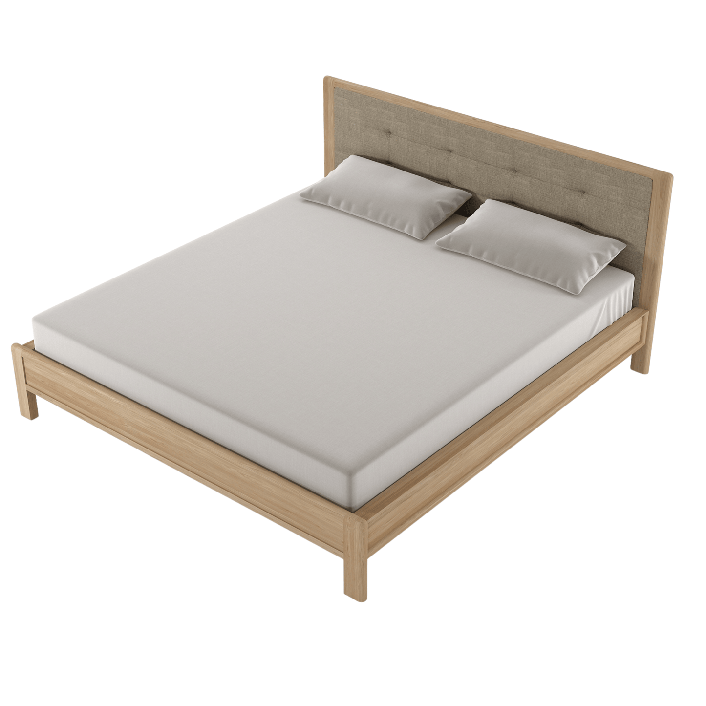 Wooden bed frame with headboard and pillows