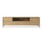 Wooden TV stand with drawers and open shelf.
