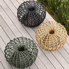 Wicker decorative sphere set on wood deck