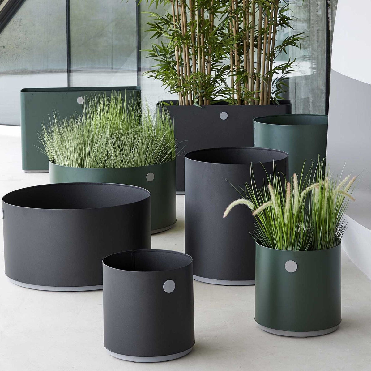 Modern planters with greenery