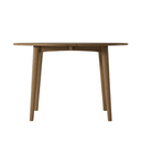 Wooden round table with four legs.