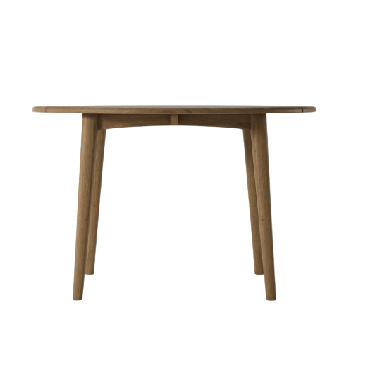 Wooden round table with four legs.