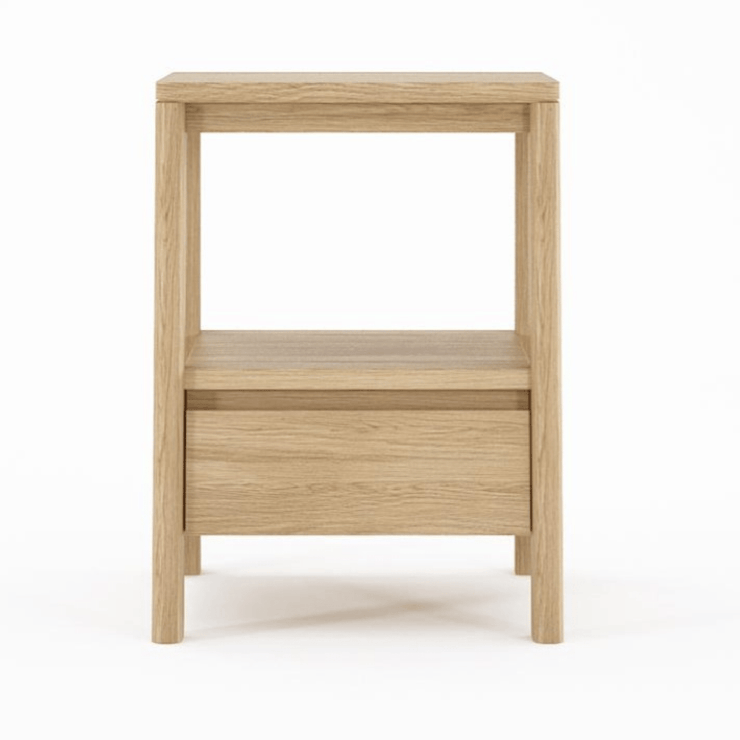 Wooden nightstand with drawer and shelf.