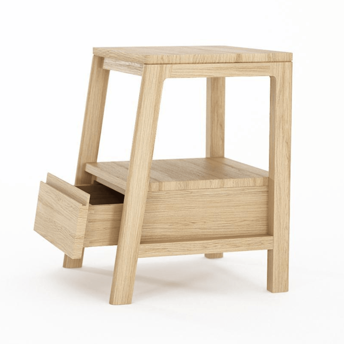 Wooden side table with open drawer.