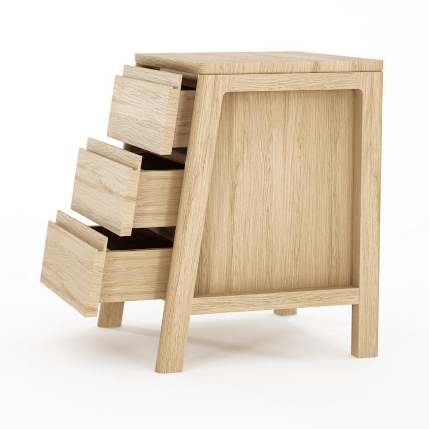 Wooden nightstand with three open drawers.