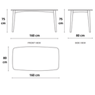 Diagram of a table with front, side, and top views, with dimensions.