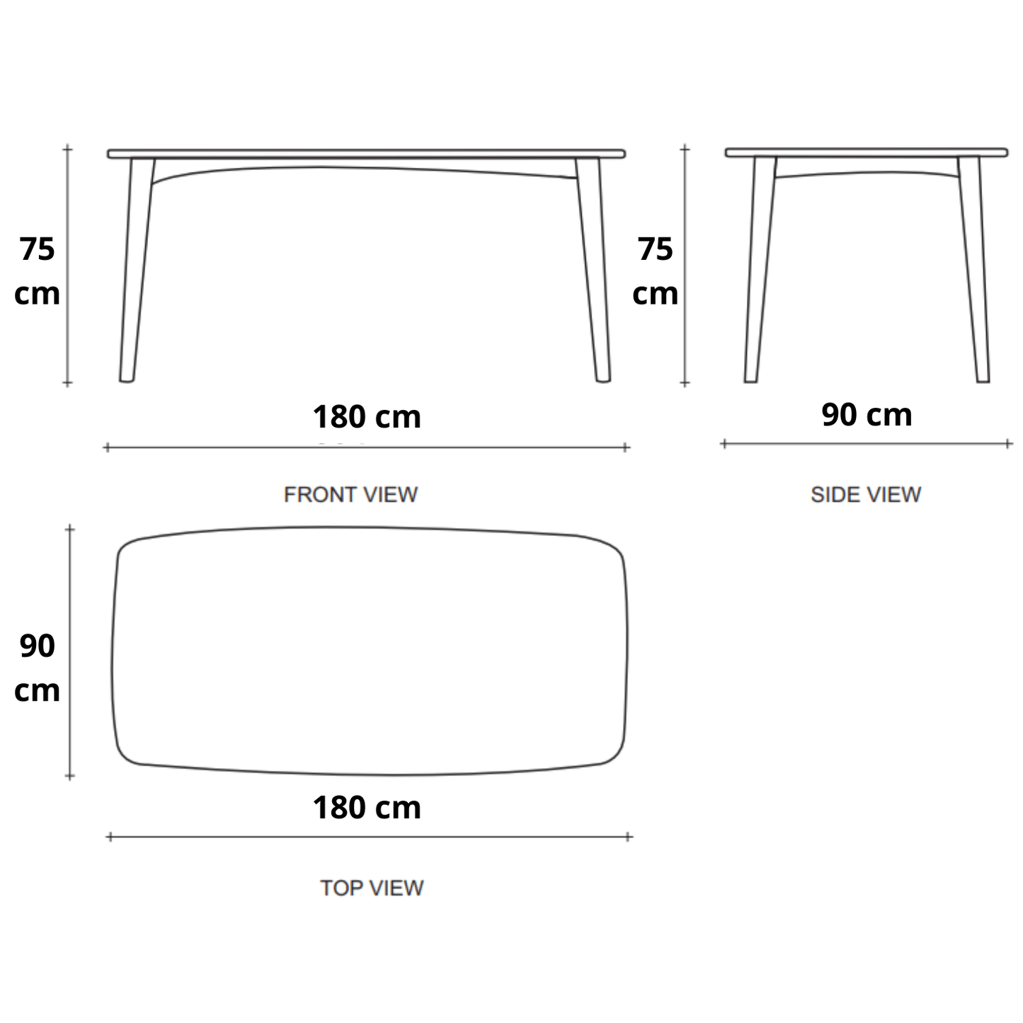 Diagram of a table with front, side, and top views and dimensions.