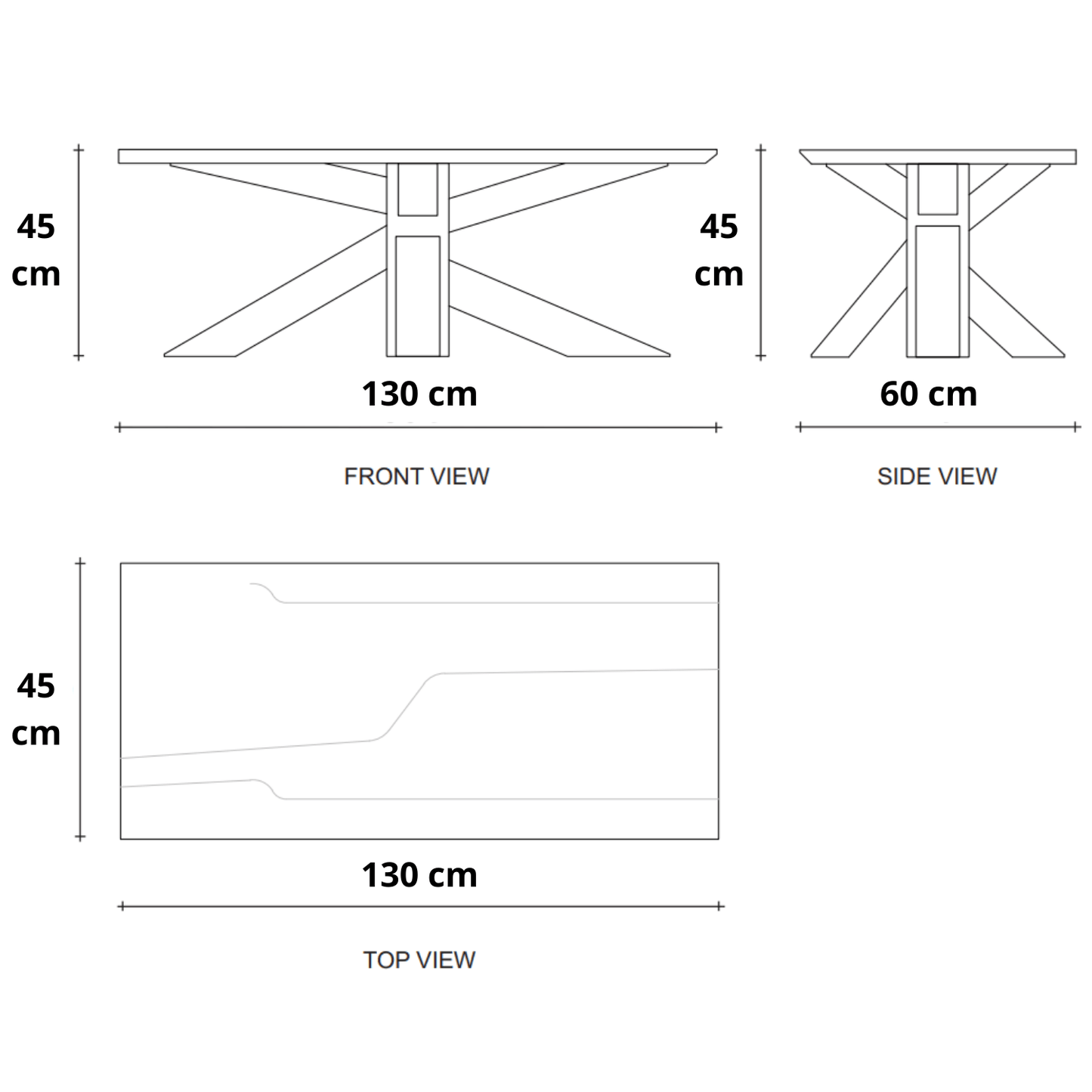 130cm x 60cm x 45cm - front, side & top views