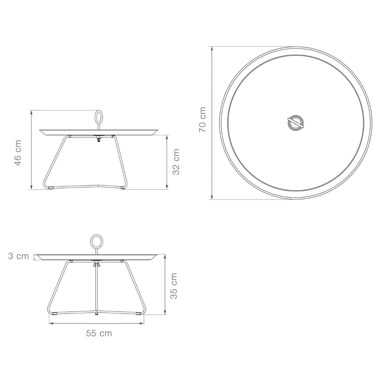 Diagram of a round table with dimensions.