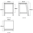 Diagram of a stool with front, side, and top views, with dimensions labeled.