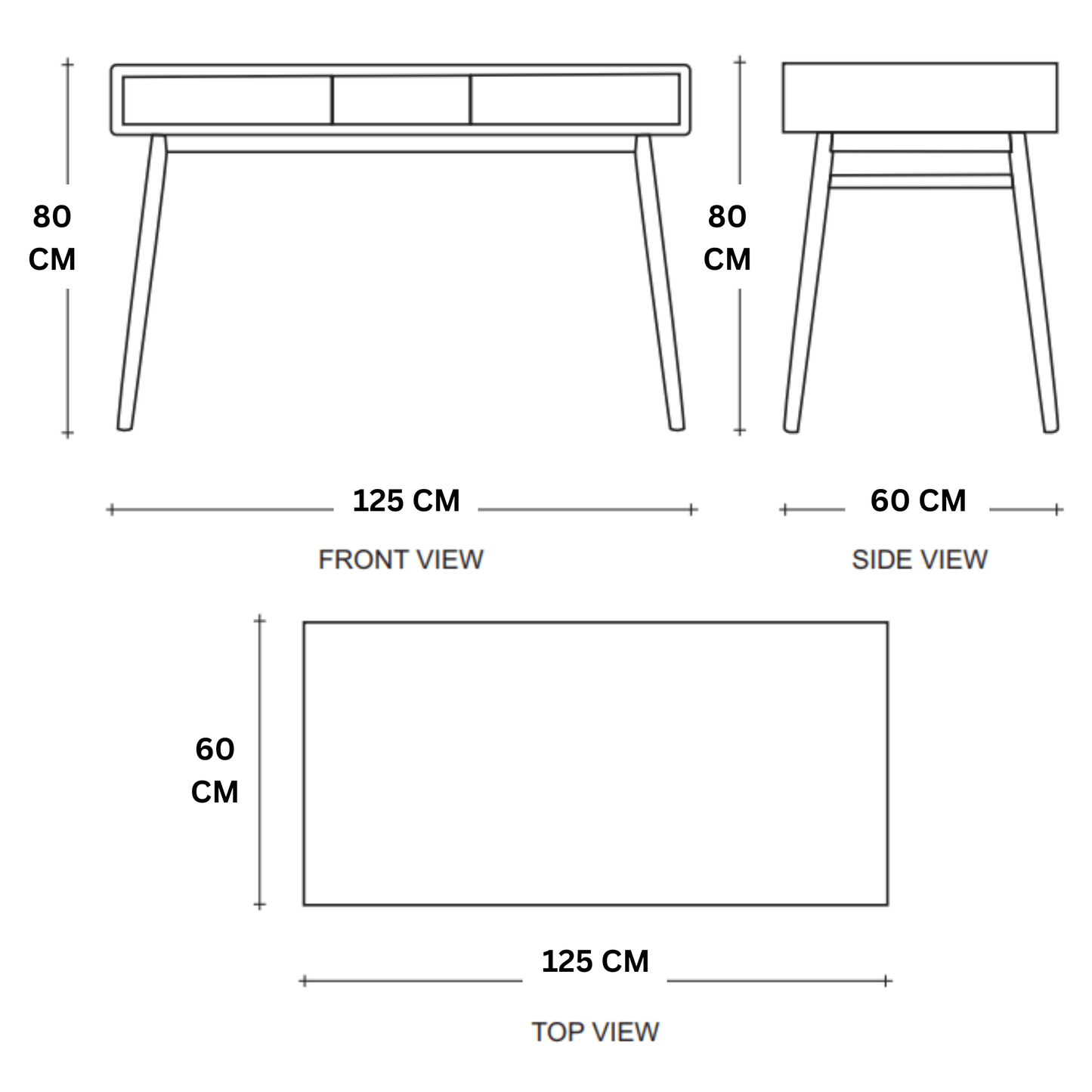 125cm x 60cm x 80cm (Front, Side, Top Views)