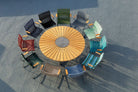 CLICK Dining table with colorful chairs around circle.