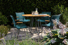 Outdoor dining set with teal chairs and table
