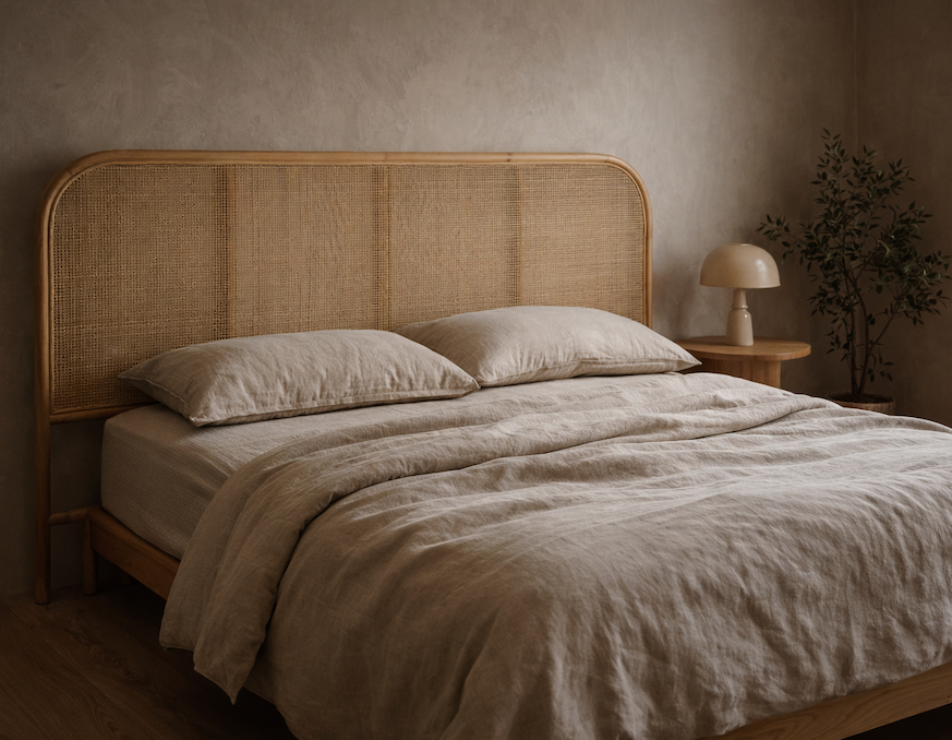 Beige bed with wicker headboard and matching bedding in a warm-toned room.