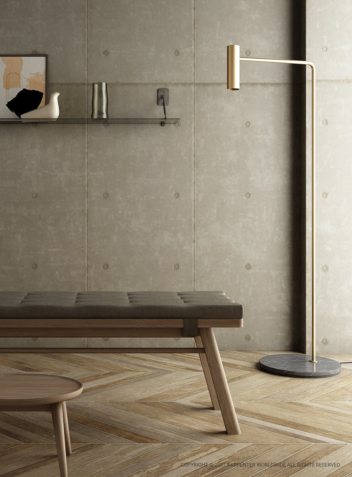 Circa17 Bench in modern interior with floor lamp and wood flooring.