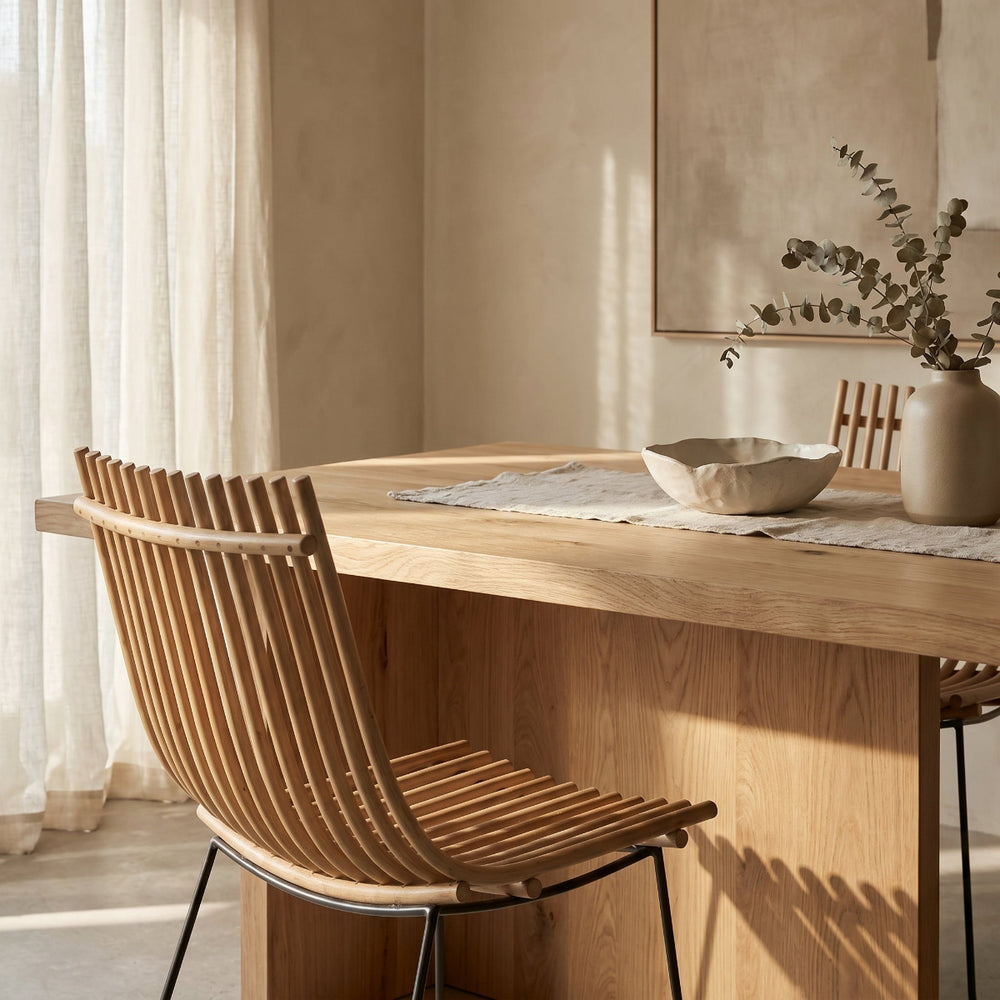 Dining room with wooden table and chair, neutral decor
