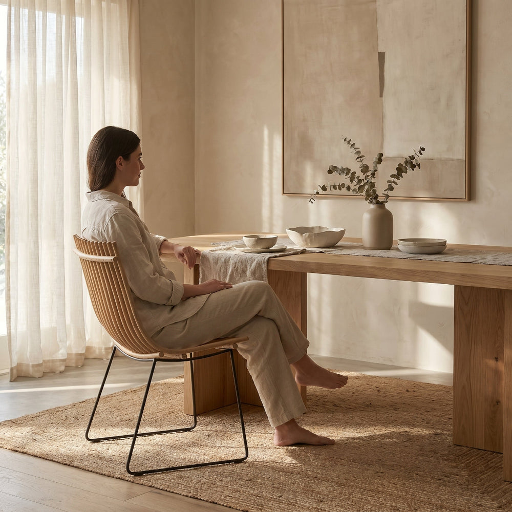 Woman sitting at a wooden table in a softly lit room with large windows.