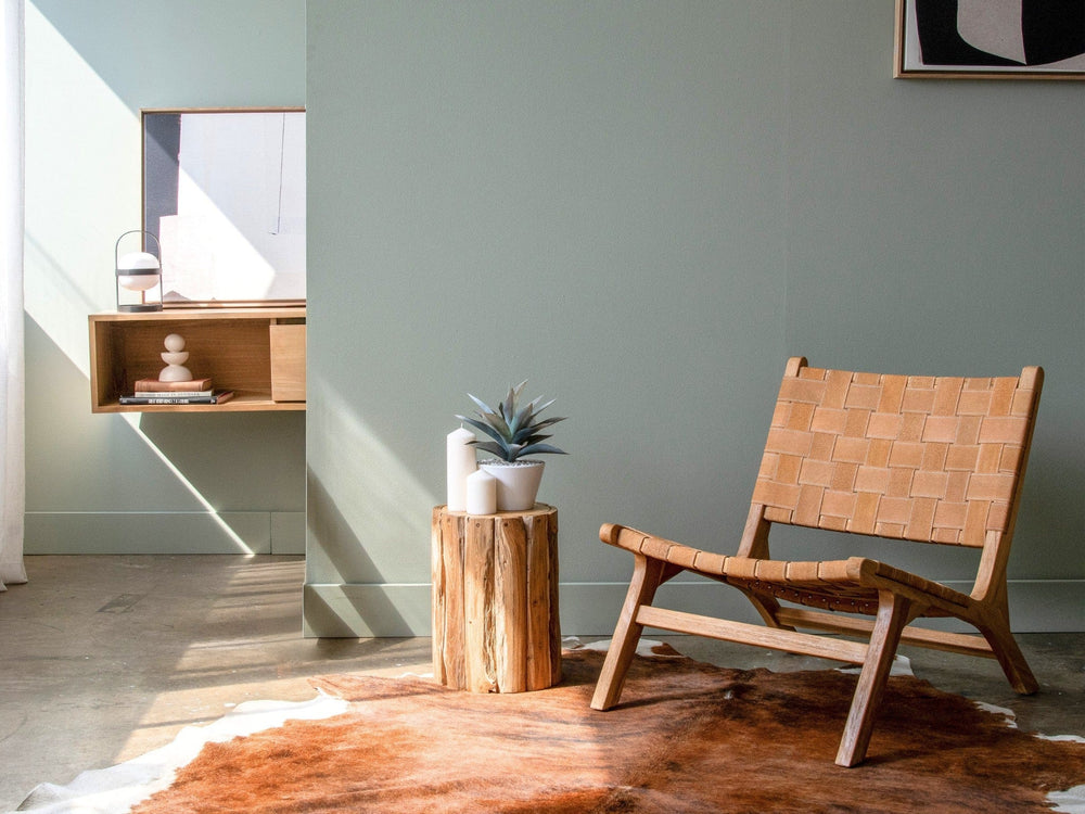Modern living room with woven chair and plant