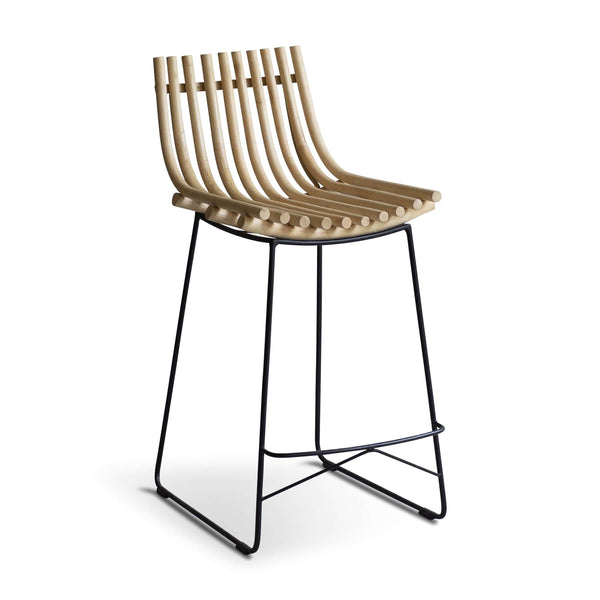 Wooden slat bar stool with black metal legs