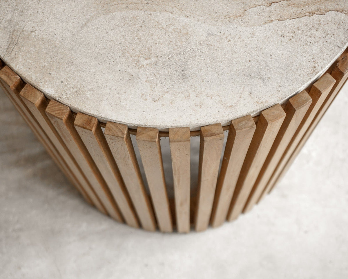 Wooden slat coffee table with stone top
