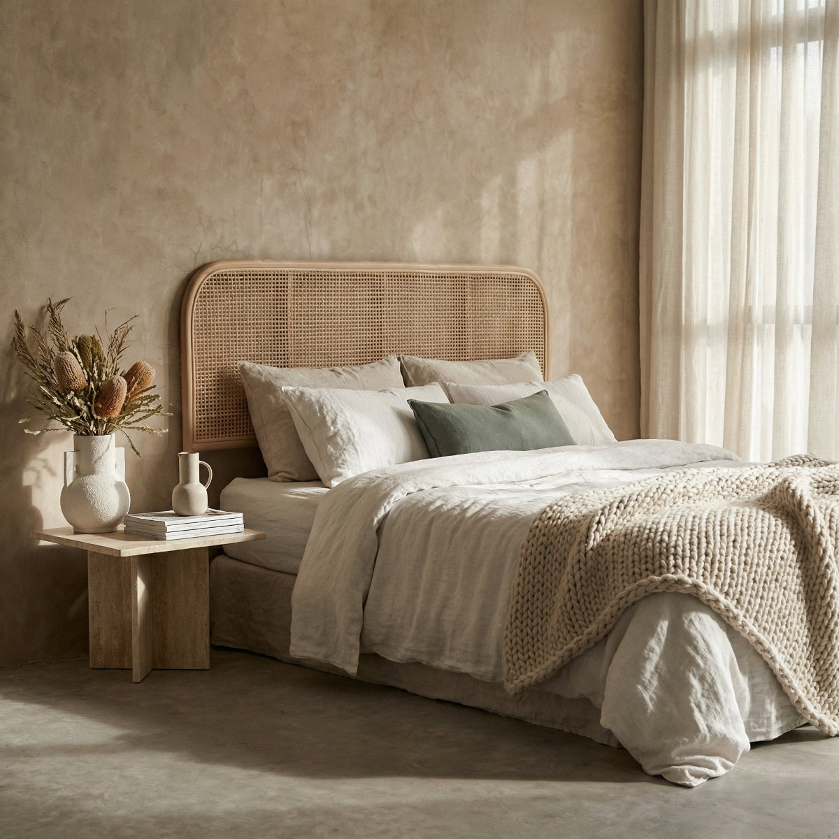 Bedroom with a wicker headboard, neutral bedding, and a side table with decor items.