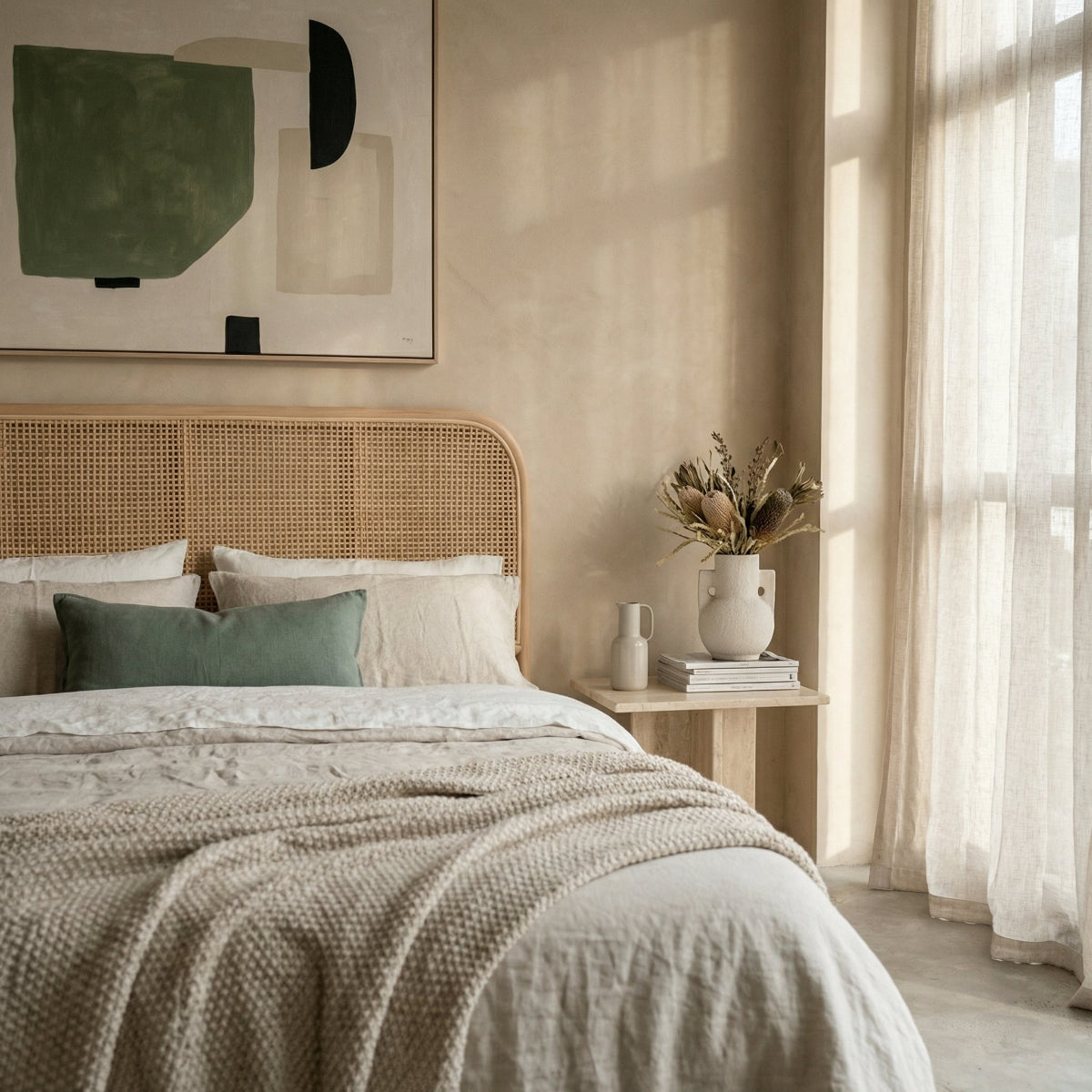 Neatly made bed with a wicker headboard in a bright bedroom.