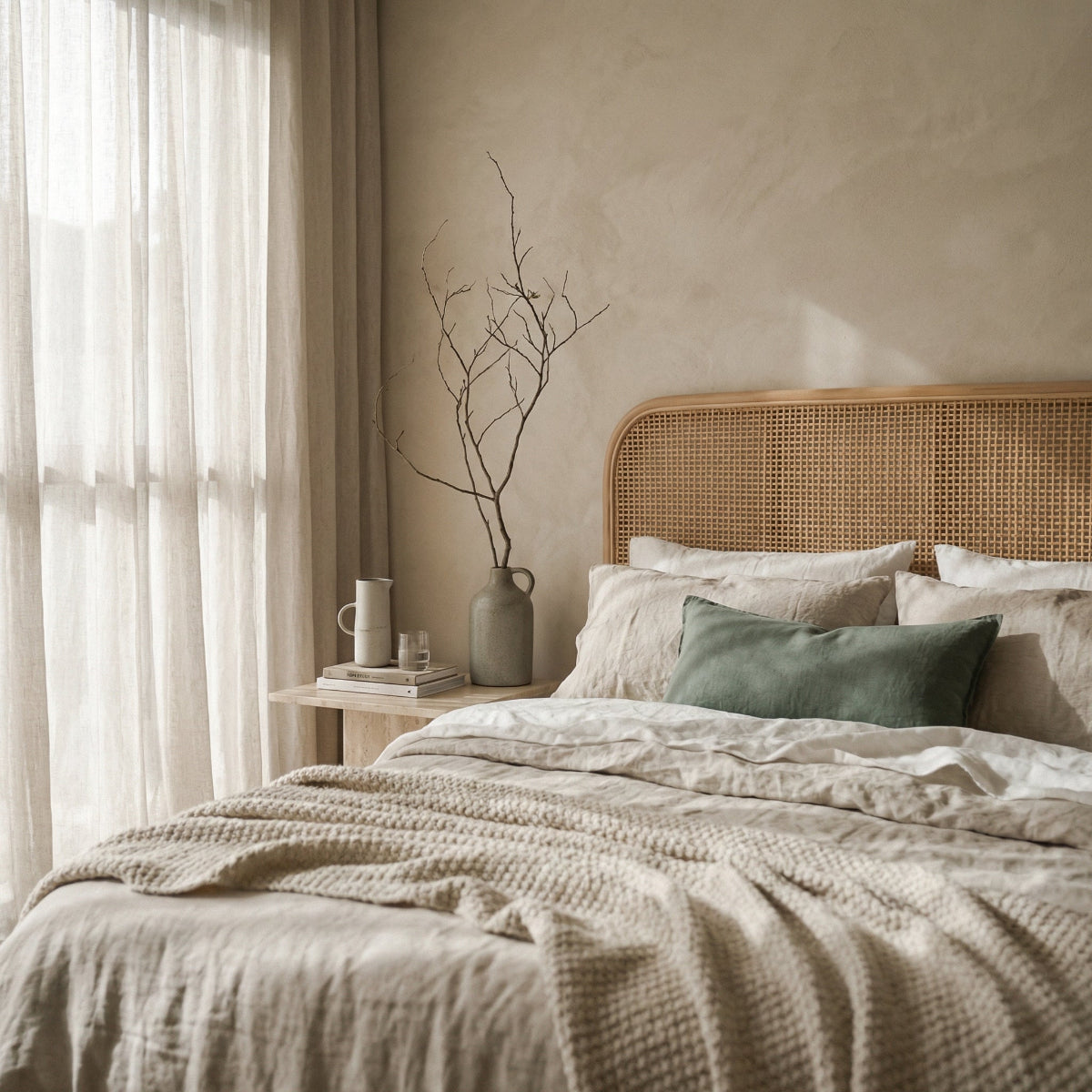 Neatly made bed with beige bedding and a wooden headboard in a softly lit bedroom.